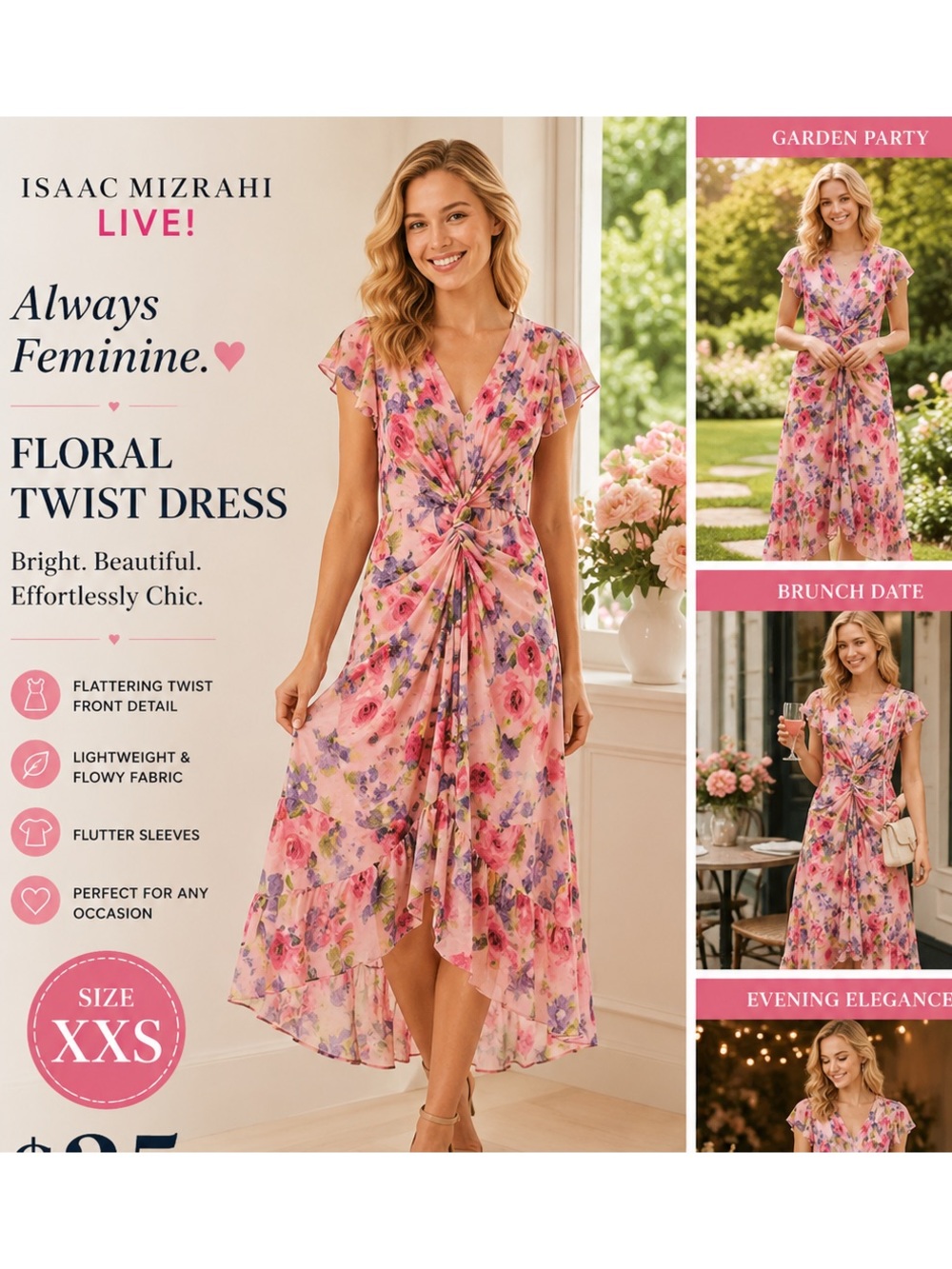 Isaac Mizrahi Floral Twist Midi Dress in Pink